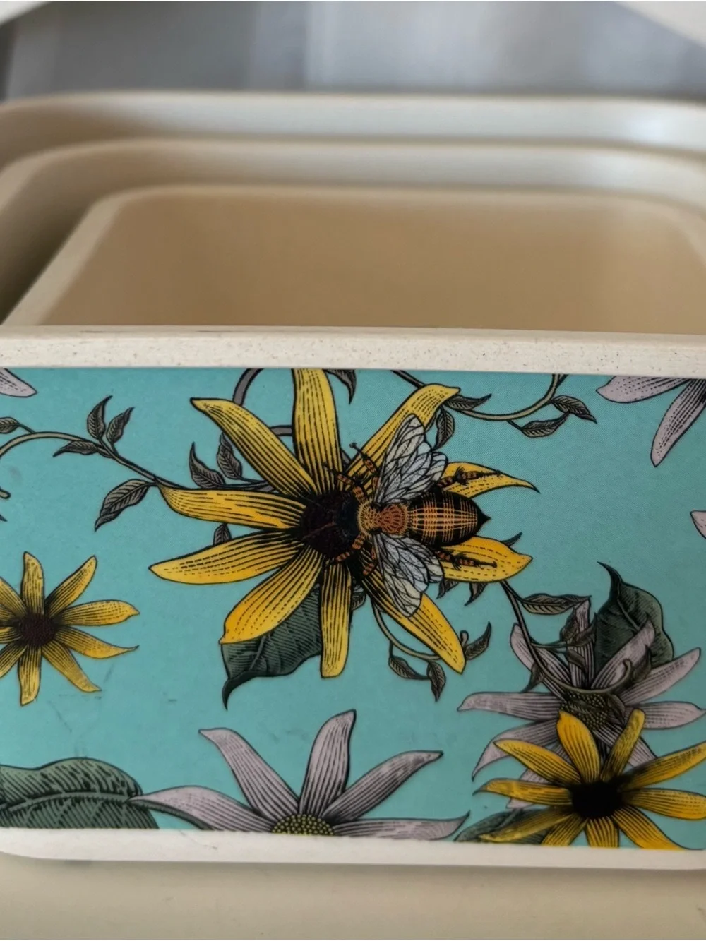3-Piece Stacking Nesting Organize Bowls Teal White Yellow Bee Leaves